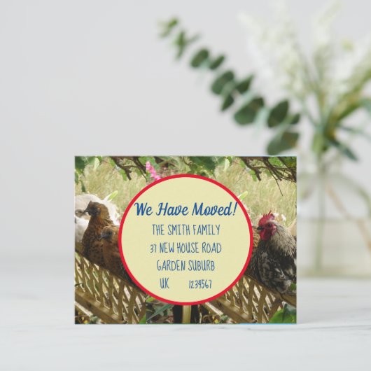 Chicken Rooster New Address Briefkaart we move (Staand voorkant)