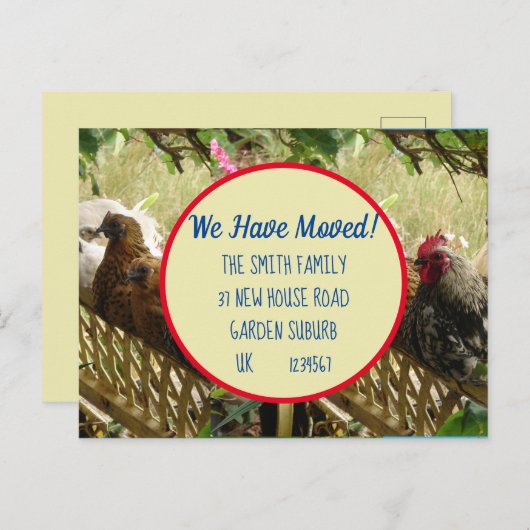 Chicken Rooster New Address Briefkaart we move (Voorkant / Achterkant)