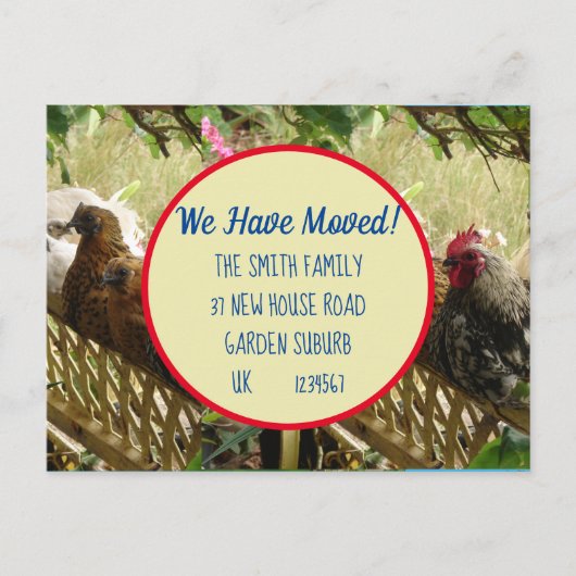 Chicken Rooster New Address Briefkaart we move (Voorkant)
