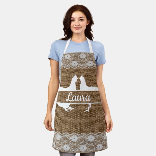 Chicken Split Monogram Lace Burlap Apron Jouw naam Schort (Gedragen)
