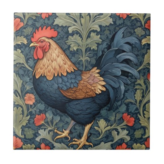 Chicken William Morris stijl Links tegenover Haan Tegeltje (Voorkant)