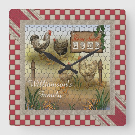 Chicken Yard Home Sweet Home Vintage Vierkante Klok (Voorkant)
