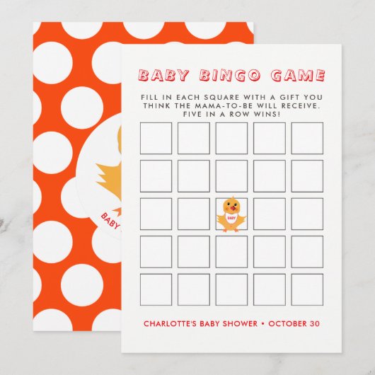 Chicken Yellow Chick Baby shower Bingo Game Kaart (Voorkant / Achterkant)