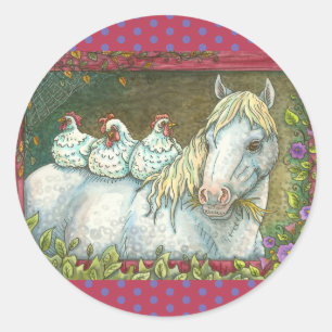 CHICKENS IN DE STABIEL, HORSE STICKERS RAND. Blad