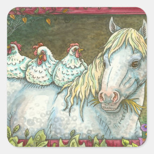 CHICKENS IN DE STABIEL, HORSE STICKERS Squ. Blad