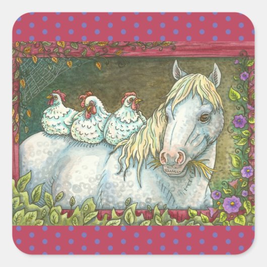 CHICKENS IN DE STABIEL, HORSE STICKERS Squ. Blad (Voorkant)