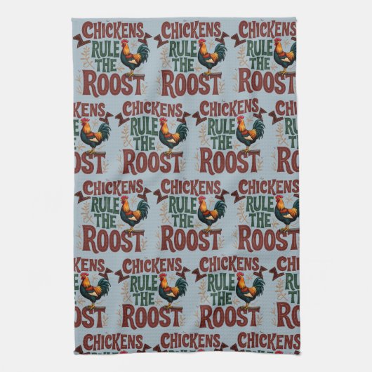 Chickens Rule the Roost Rustic Farm Illustration Theedoek (Verticaal)