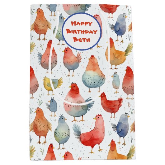 Chickens Waterverf Naam toevoegen Verjaardag Medium Cadeauzakje (Voorkant)