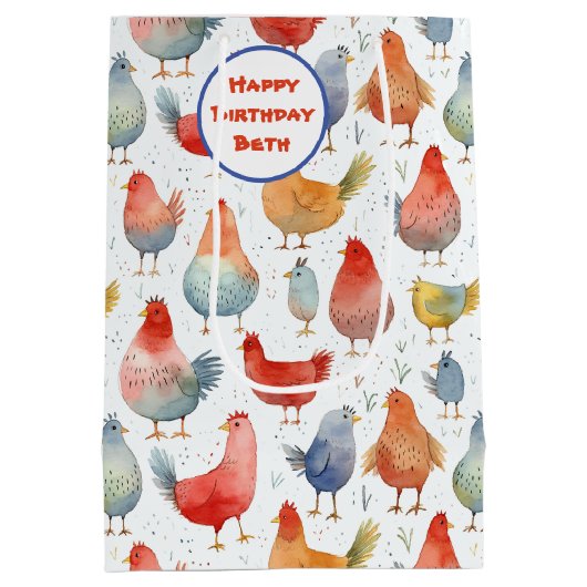 Chickens Waterverf Naam toevoegen Verjaardag Medium Cadeauzakje (Achterkant)