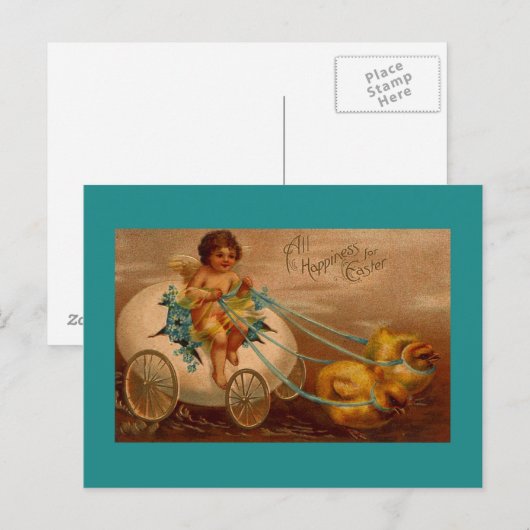 CHICKS PULLING EGG WAGON FANTASY EASTER BRIEFKAART (Voorkant / Achterkant)