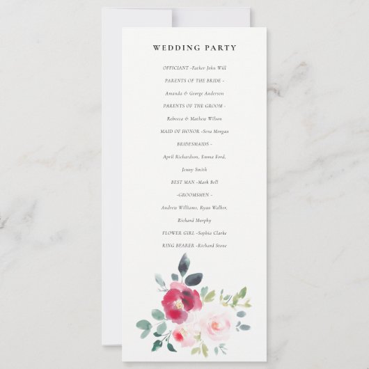 ChicPink Blush Bourgondië Roos huwelijksprogramma Kaart (Achterkant)