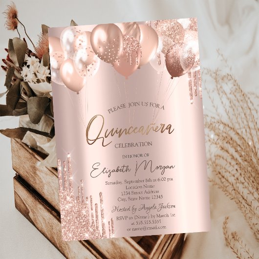 ChicRose Gold Glitter Drivers Balloons Quinceañera Kaart