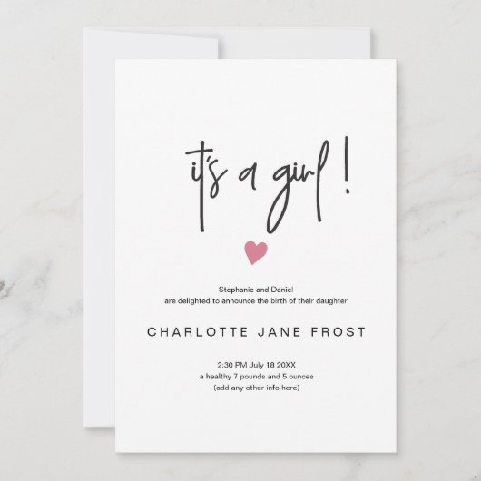 Chic's een meisjesgeboorteaankondiging Tiny Pink H Kaart (Voorkant)