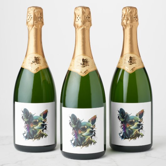 Chihuahua Abstract schilderij Kleur Leuke Hond Sparkling Wijnetiket (Flessen)