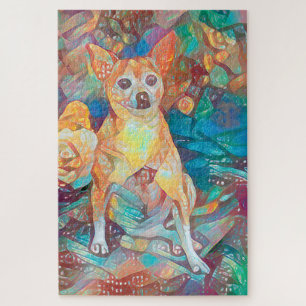 Chihuahua Art Colorful Blue Brown Dog Portret Fun Legpuzzel