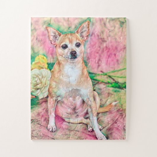 Chihuahua Art Pink Green Dog Portret Legpuzzel (Verticaal)