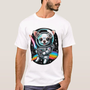 Chihuahua astronaut met regenboog lichtzwaard in S T-shirt