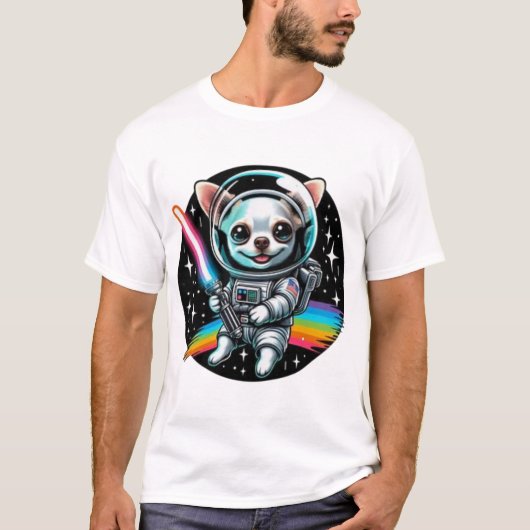 Chihuahua astronaut met regenboog lichtzwaard in S T-shirt (Voorkant)