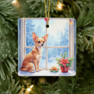 Chihuahua Besneeuwde Vensterbank Vakantie Kerst Ku Keramisch Ornament