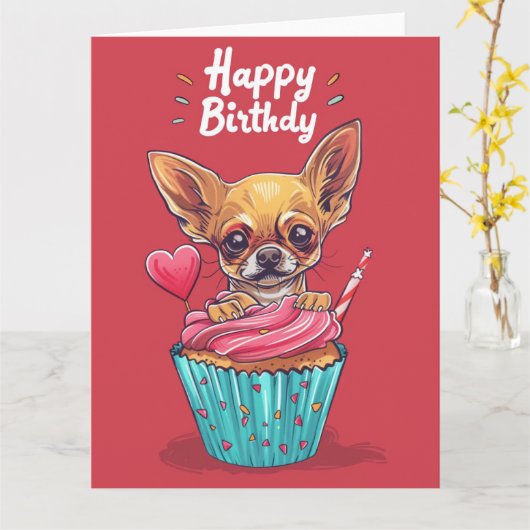 Chihuahua Cartoon Anime Cupcake Pooten Kaart (Gele Bloem)