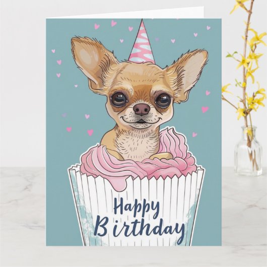 Chihuahua Cartoon Anime Cupcake Pootjes Kaart (Gele Bloem)