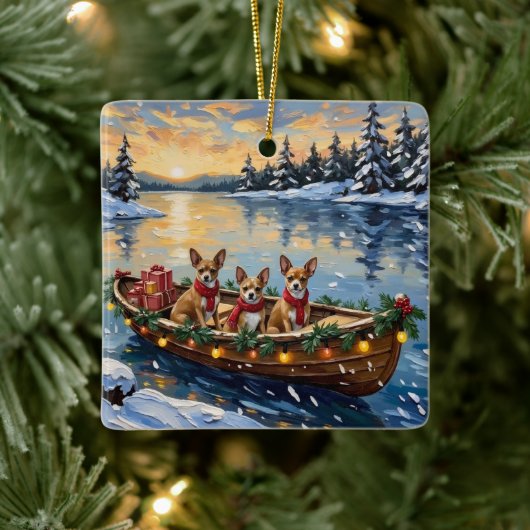 Chihuahua Christmas Boat Holiday Keramisch Ornament (Boom)