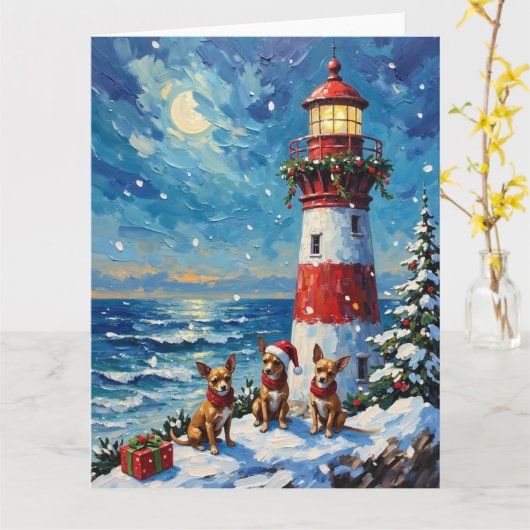 Chihuahua Christmas Lighthouse Holiday Kaart (Gele Bloem)