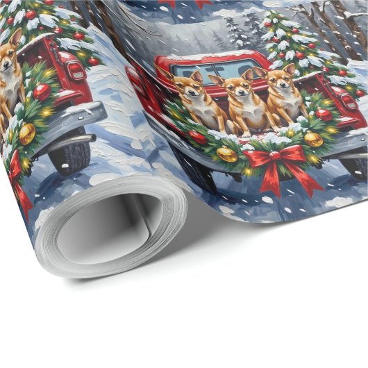 Chihuahua Christmas Red Truck Holiday Cadeaupapier (Rol Hoek)
