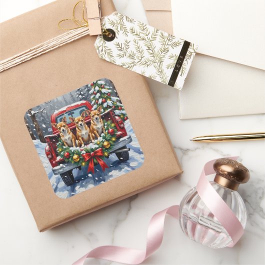 Chihuahua Christmas Red Truck Holiday Vierkante Sticker (Geschenken)