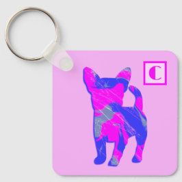 Chihuahua Cute Dog Pink & Blue Silhouette Monogram Sleutelhanger