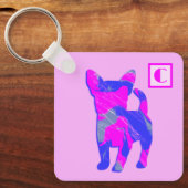 Chihuahua Cute Dog Pink & Blue Silhouette Monogram Sleutelhanger (Voorkant)