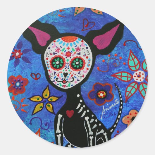 Chihuahua Dia de los Muertos Ronde Sticker (Voorkant)