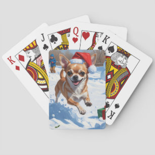 Chihuahua die rentierhoed draagt in de sneeuw pokerkaarten