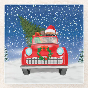 Chihuahua Dog bestuurt auto met sneeuwkerst Glazen Onderzetter