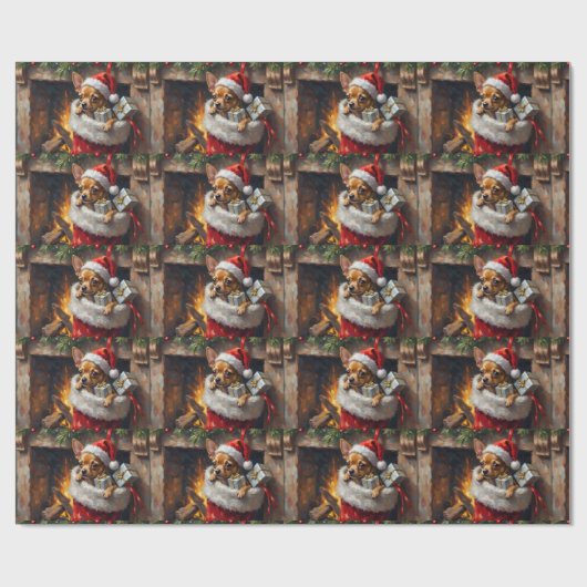 Chihuahua Dog Christmas Stocking Surprise Art Cadeaupapier (Vlak)