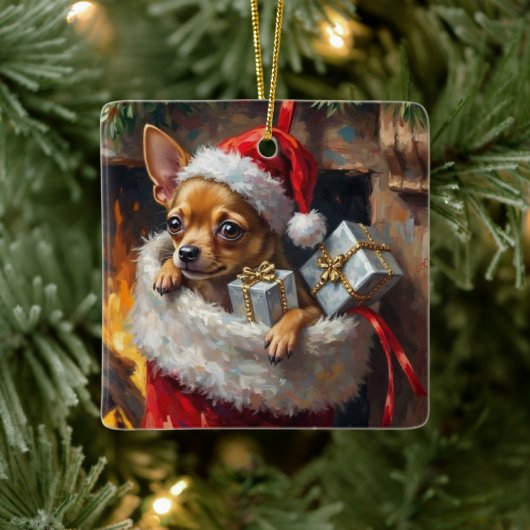 Chihuahua Dog Christmas Stocking Surprise Art Keramisch Ornament (Boom)