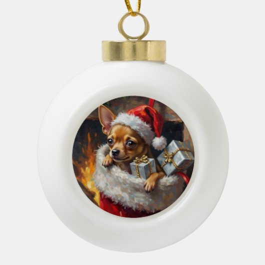 Chihuahua Dog Christmas Stocking Surprise Art Keramische Bal Ornament (Voorkant)