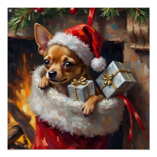 Chihuahua Dog Christmas Stocking Surprise Art Perfect Poster (Voorkant)