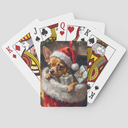 Chihuahua Dog Christmas Stocking Surprise Art Pokerkaarten (Achterkant)