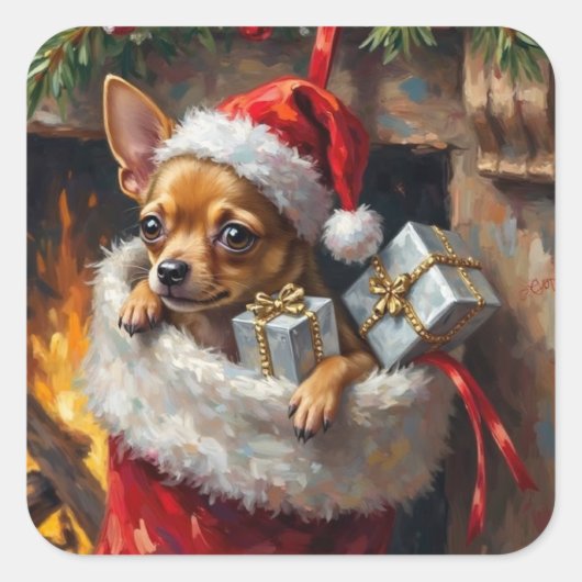 Chihuahua Dog Christmas Stocking Surprise Art Vierkante Sticker (Voorkant)