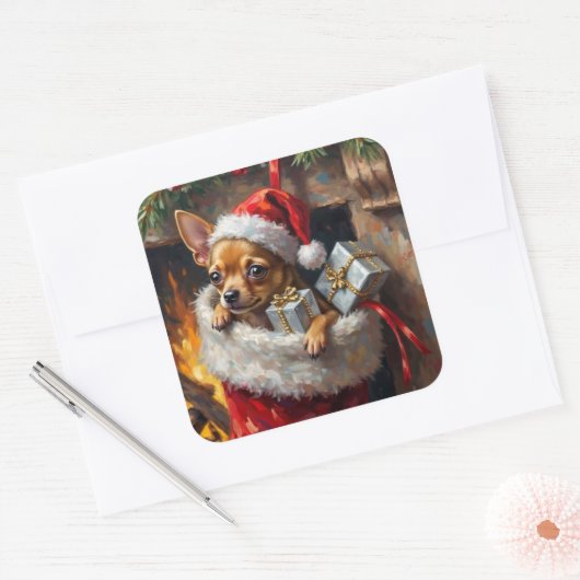 Chihuahua Dog Christmas Stocking Surprise Art Vierkante Sticker (Envelop)