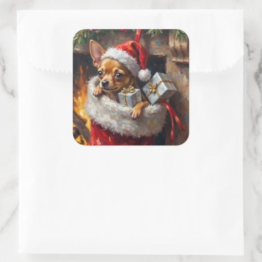 Chihuahua Dog Christmas Stocking Surprise Art Vierkante Sticker (Tas)