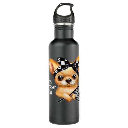 Chihuahua Dog Dirt Track Racing Checkered Race Fla Waterfles (Voorkant)