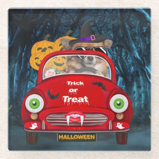 Chihuahua Dog Driving Car Scary Halloween Glazen Onderzetter (Voorkant)