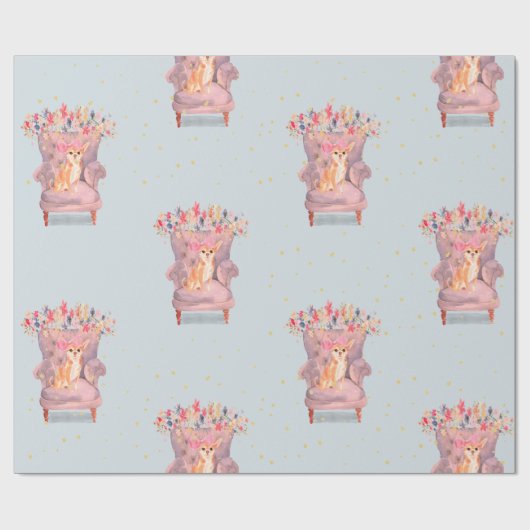 Chihuahua Dog Floral Pink Blue Gold Spots Cadeaupapier (Vlak)