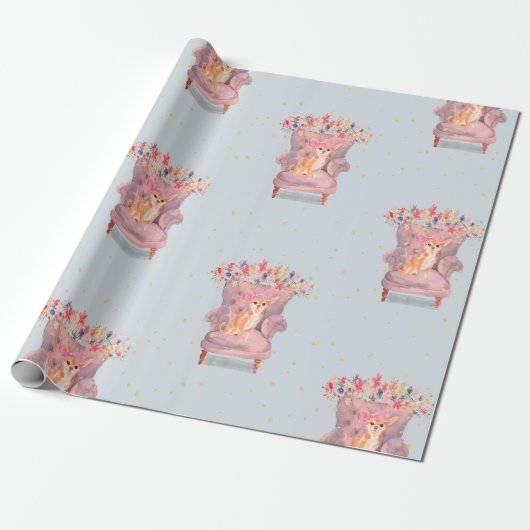 Chihuahua Dog Floral Pink Blue Gold Spots Cadeaupapier (Uitgerold)