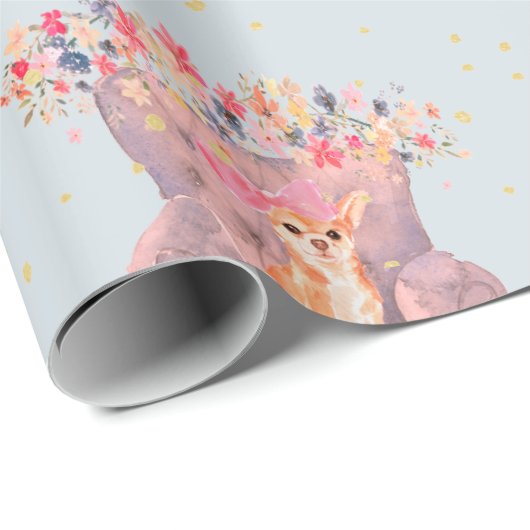 Chihuahua Dog Floral Pink Blue Gold Spots Cadeaupapier (Rol Hoek)