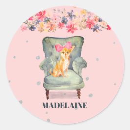 Chihuahua Dog Floral Pink Silver Ronde Sticker