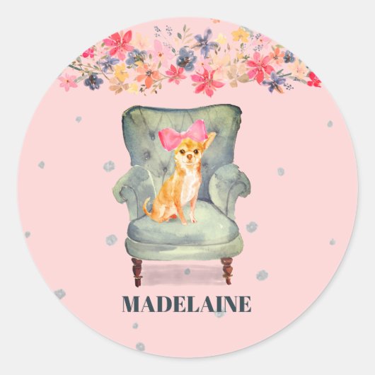 Chihuahua Dog Floral Pink Silver Ronde Sticker (Voorkant)