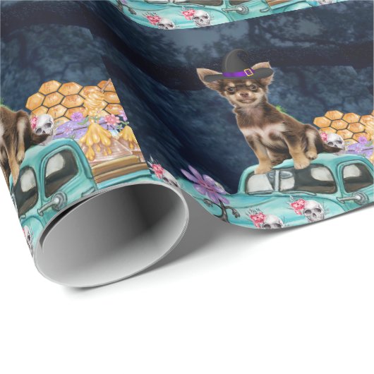 Chihuahua Dog Halloween Truck Scary Night Cadeaupapier (Rol Hoek)
